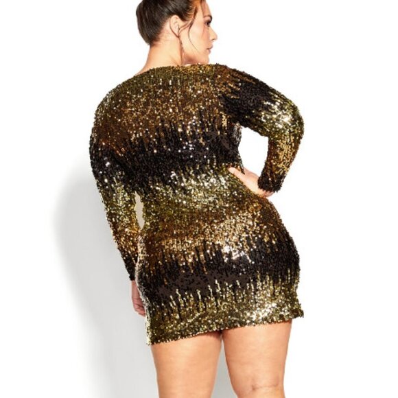 City Chic Women's Plus Size Pull Over‎ Gold  Sequined Mini Dress - Picture 3 of 4